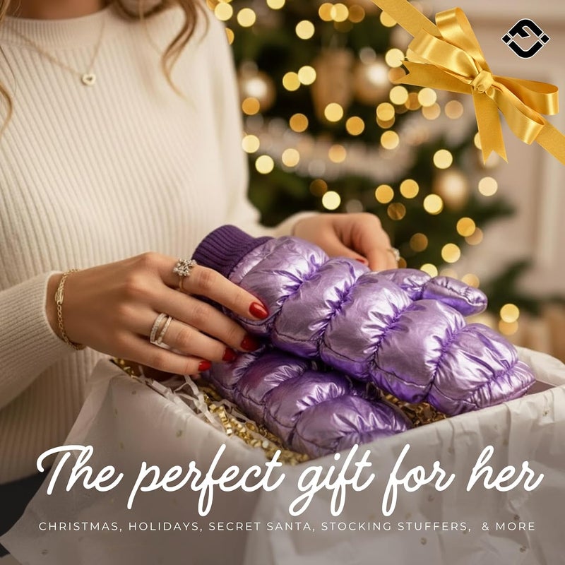 Funky Junque Women's Fleece Lined Puffer Mittens Gloves, Cold Weather Accessory for Ice Skating, Shiny Metallic Knit Cuff - Image 4